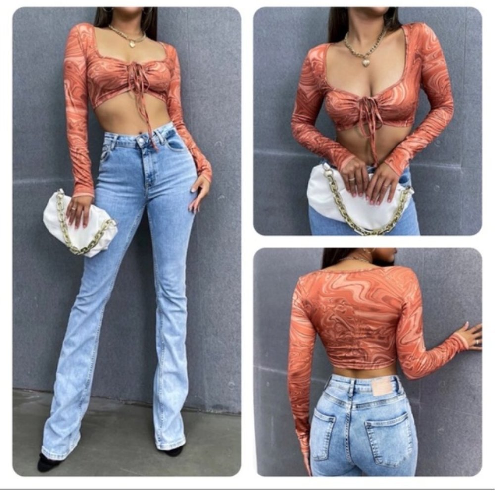 Orange Marbled Cinch Front Top Cropped - Picture 2 of 12